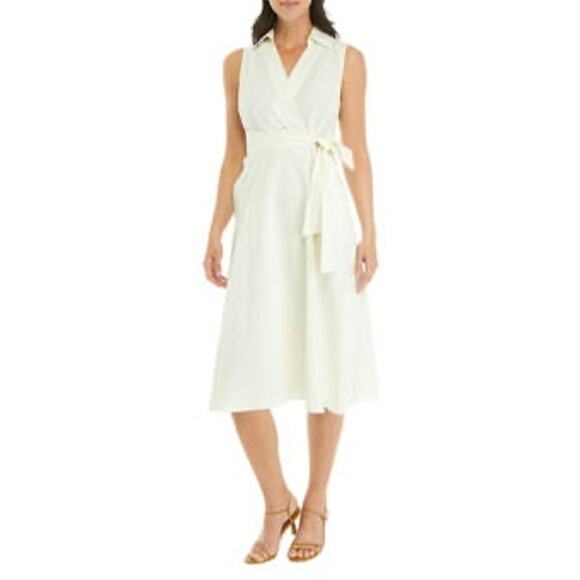 NWT: Tahari White Shirt Dress Women's 10 Linen Blend Belted Sleeveless  (M540) - Picture 1 of 12